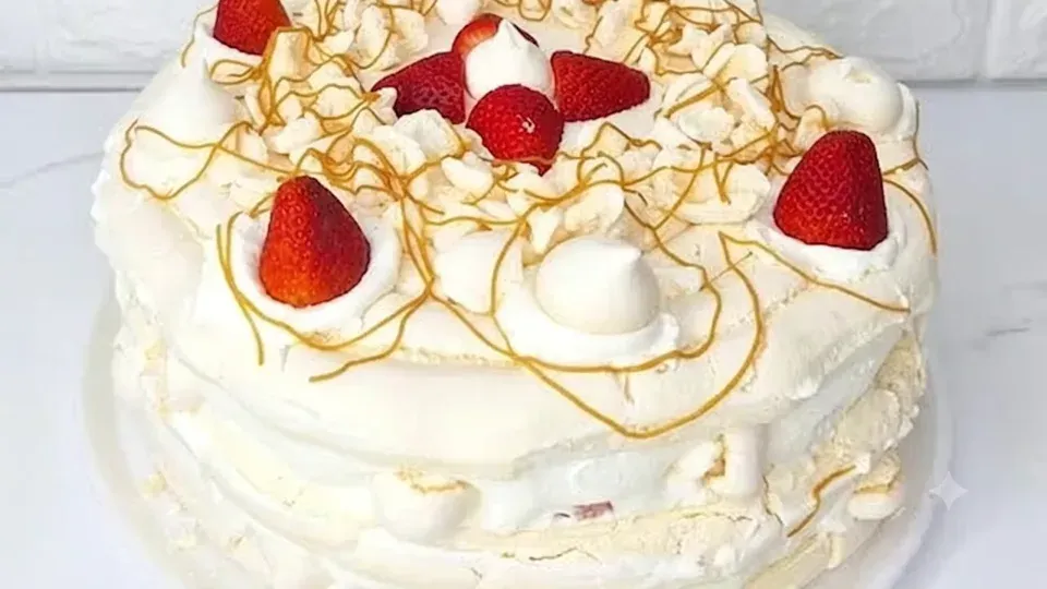 Torta de merengue con frutillas y hilos de caramelo, hecha a mano