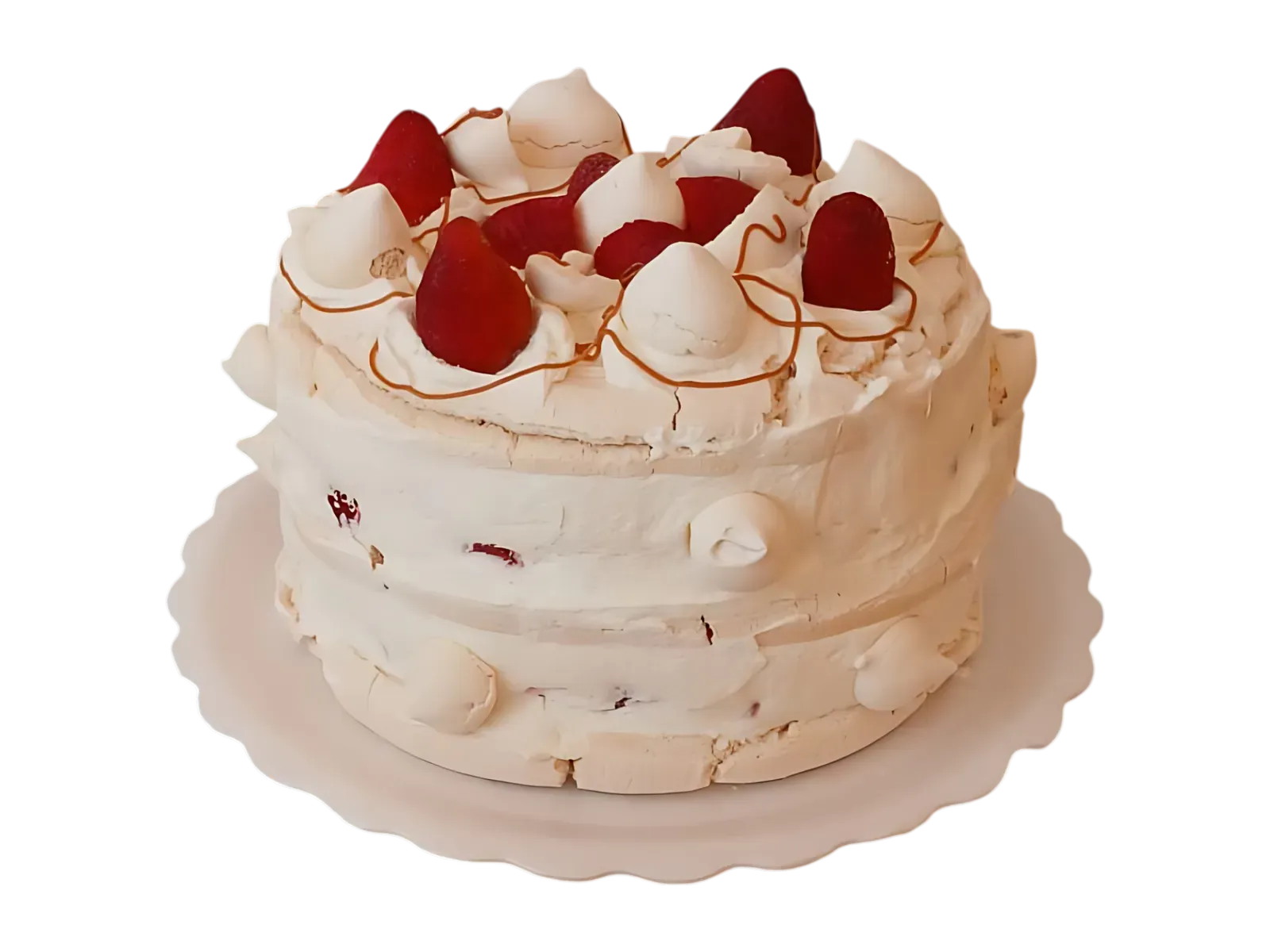 Torta de merengue redonda de 10 porciones, coronada con frutillas frescas