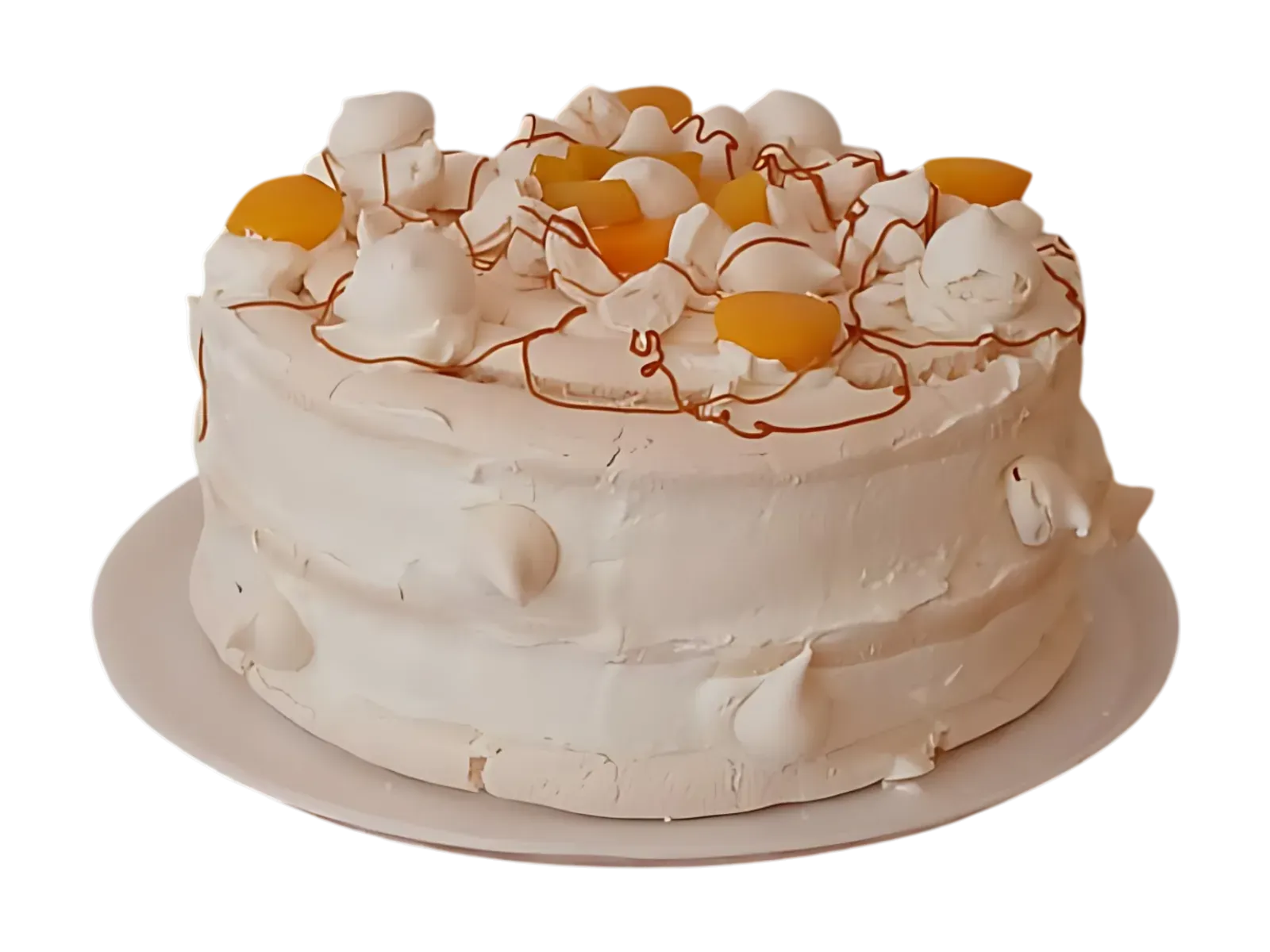 Torta de merengue de 20 porciones coronada con trozos de durazno