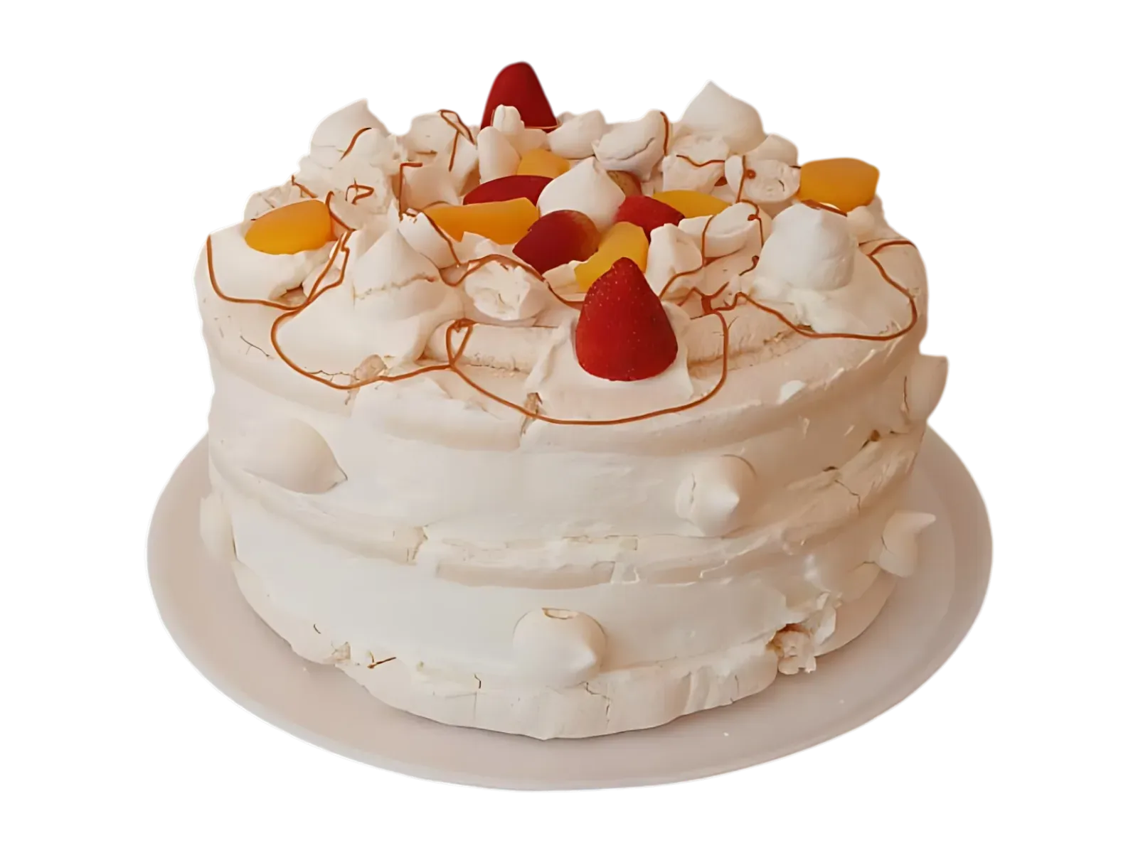 Torta de merengue de 20 porciones coronada con frutilla y durazno