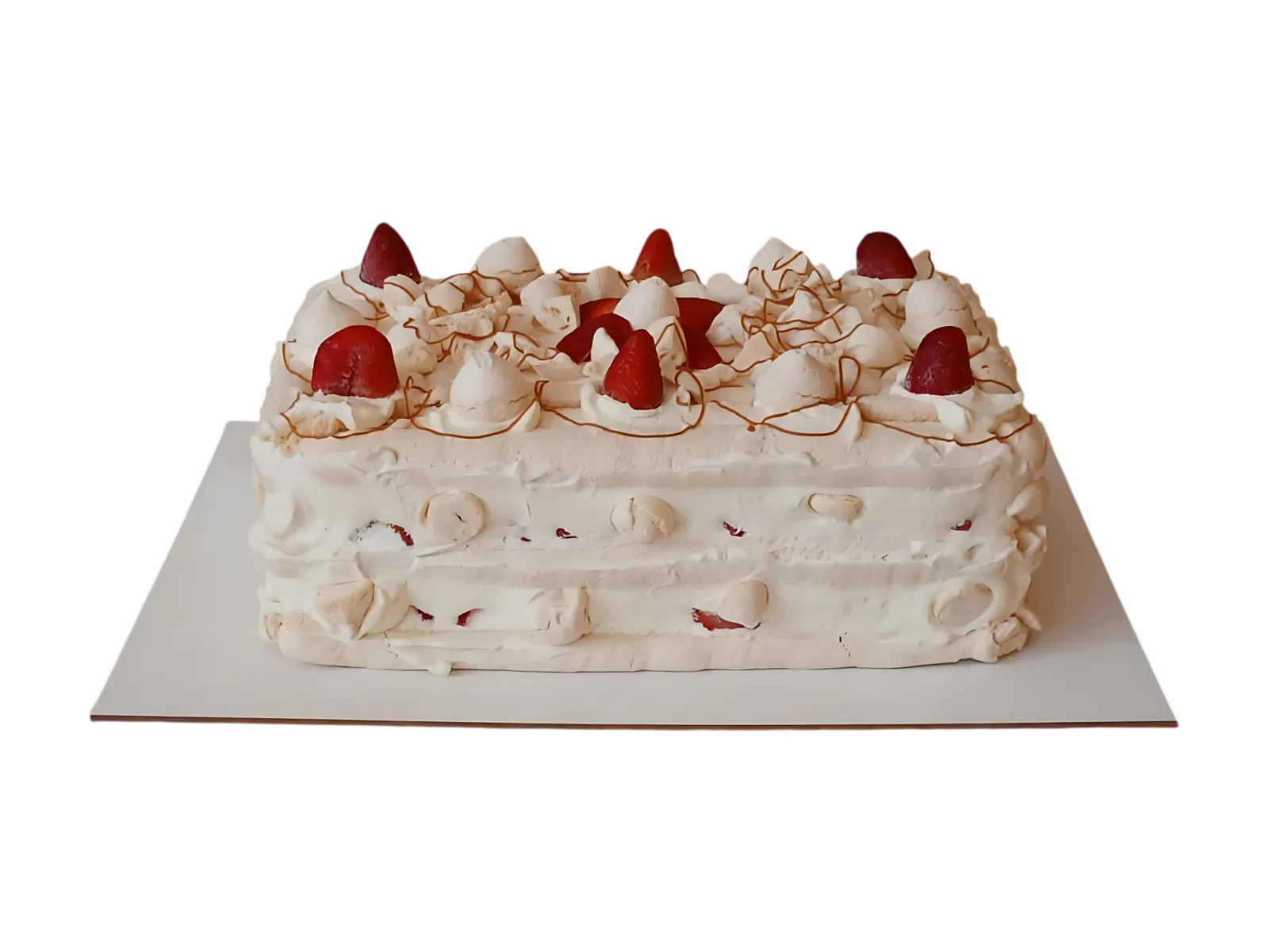 Torta de merengue rectangular de 30 porciones, coronada con frutillas frescas